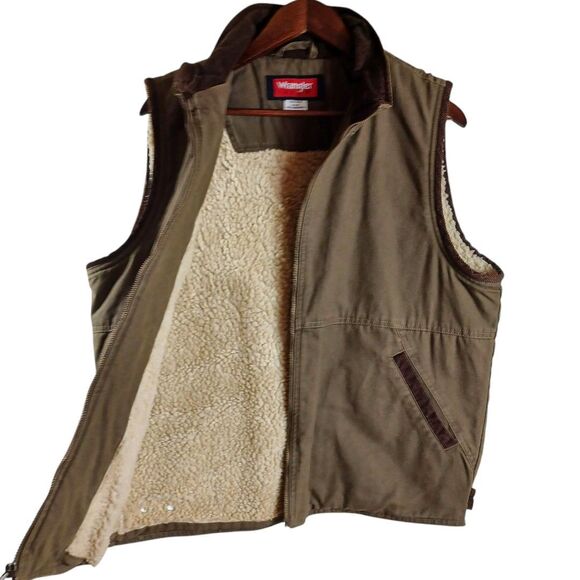 Wrangler Sherpa Line M Green Canvas Vest Corduroy Collar Crown Rhinestone Back - Picture 6 of 10